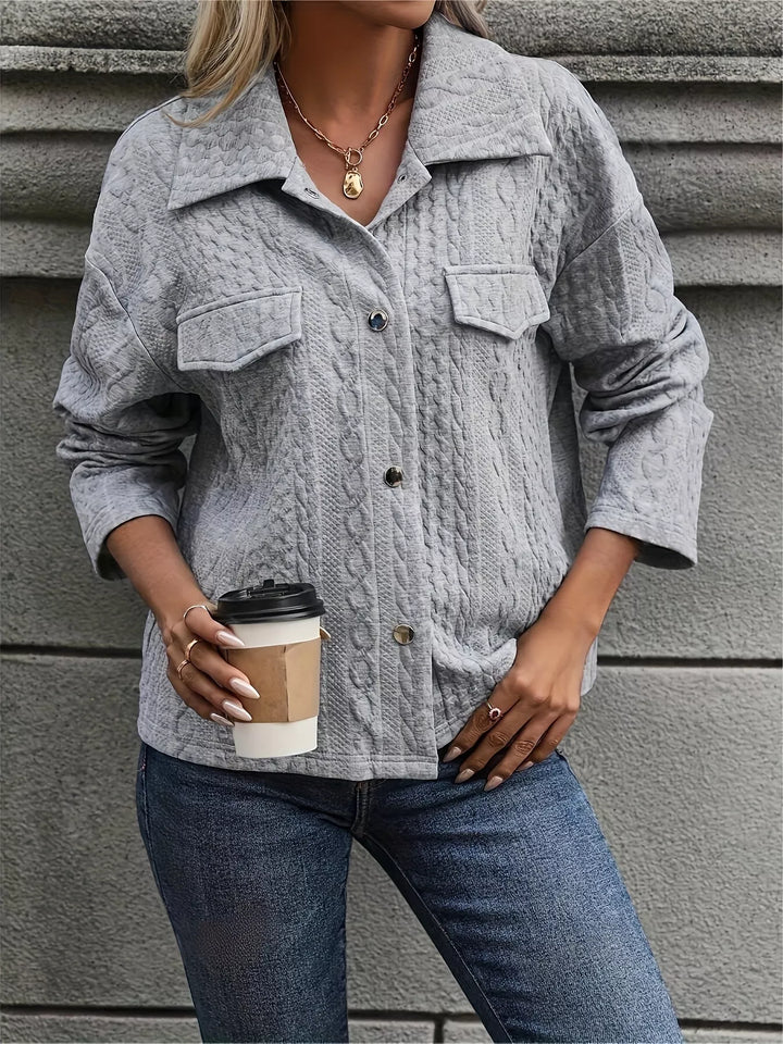 Gray Cable-knit textured button-up jacket with chest pockets