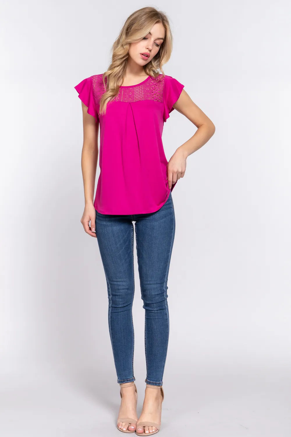 Flutter sleeve knit top with lace yoke detail