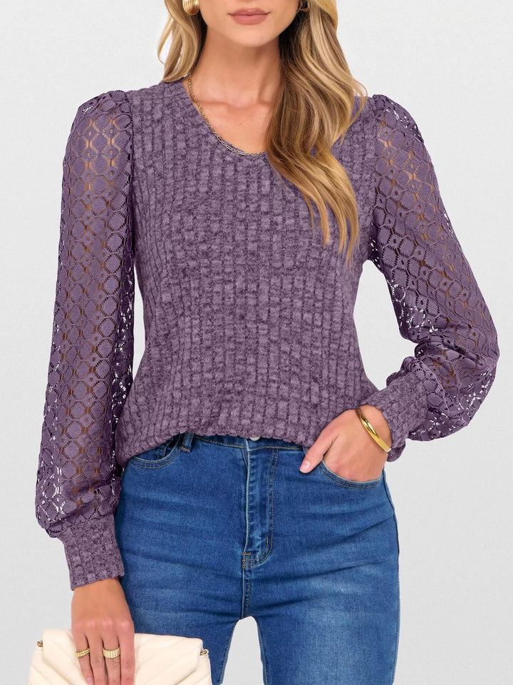 Sheer lace sleeve ribbed knit V-neck top