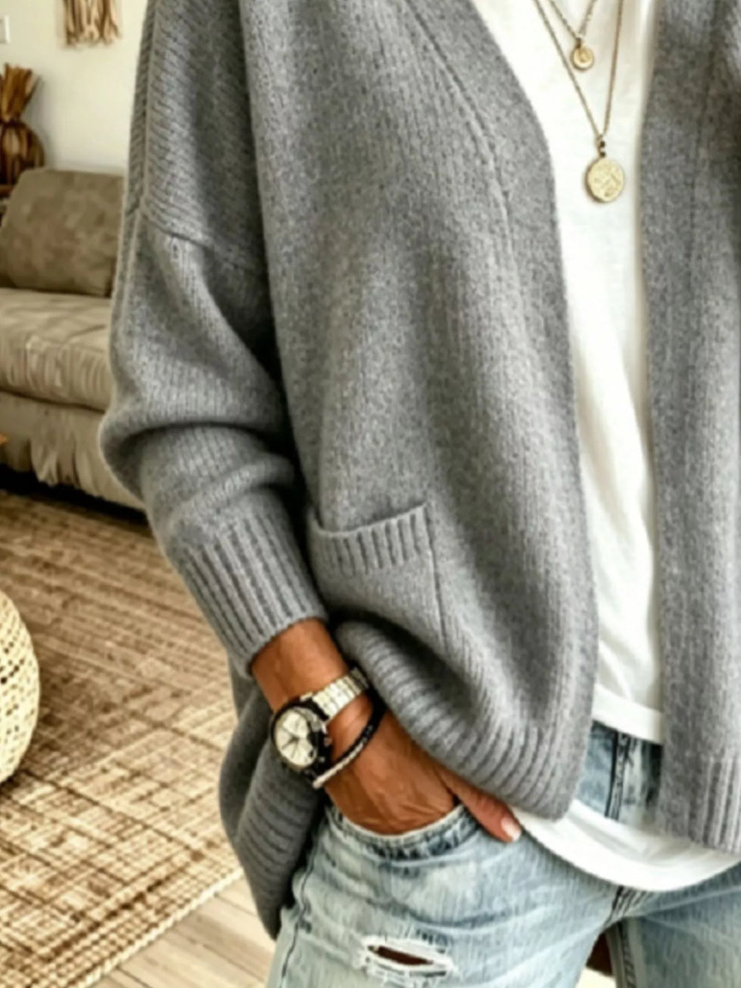 Open front knit cardigan with patch pockets and ribbed trim
