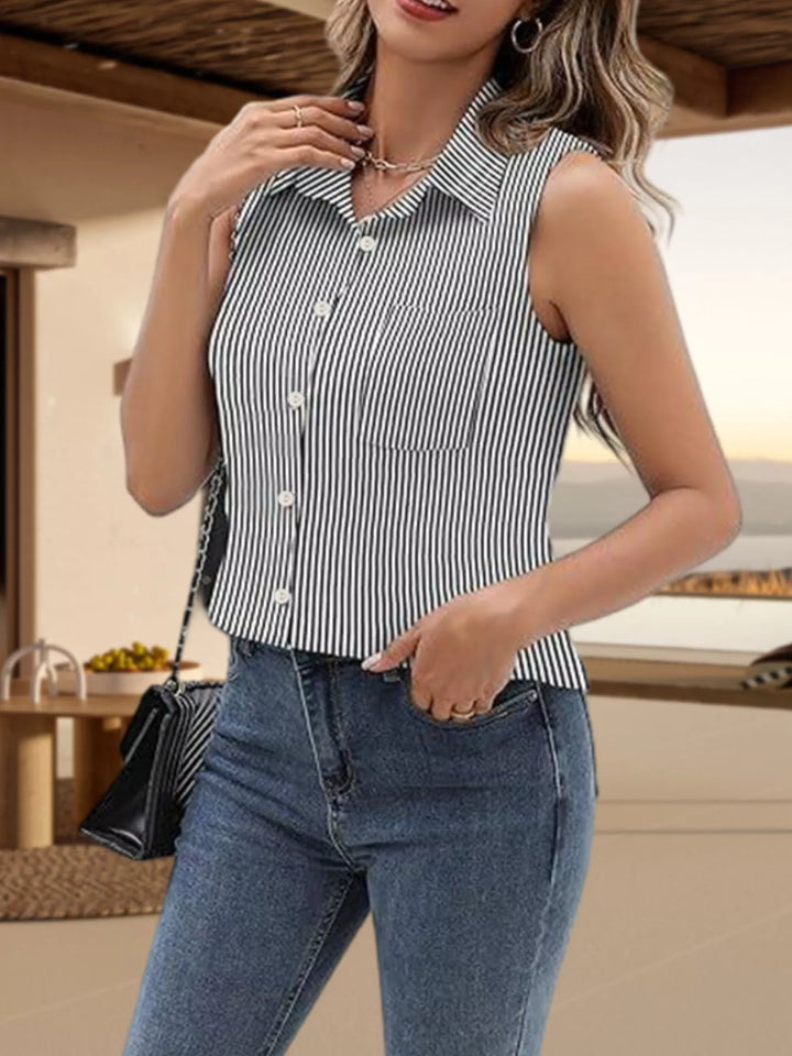 Sleeveless collared button-up shirt