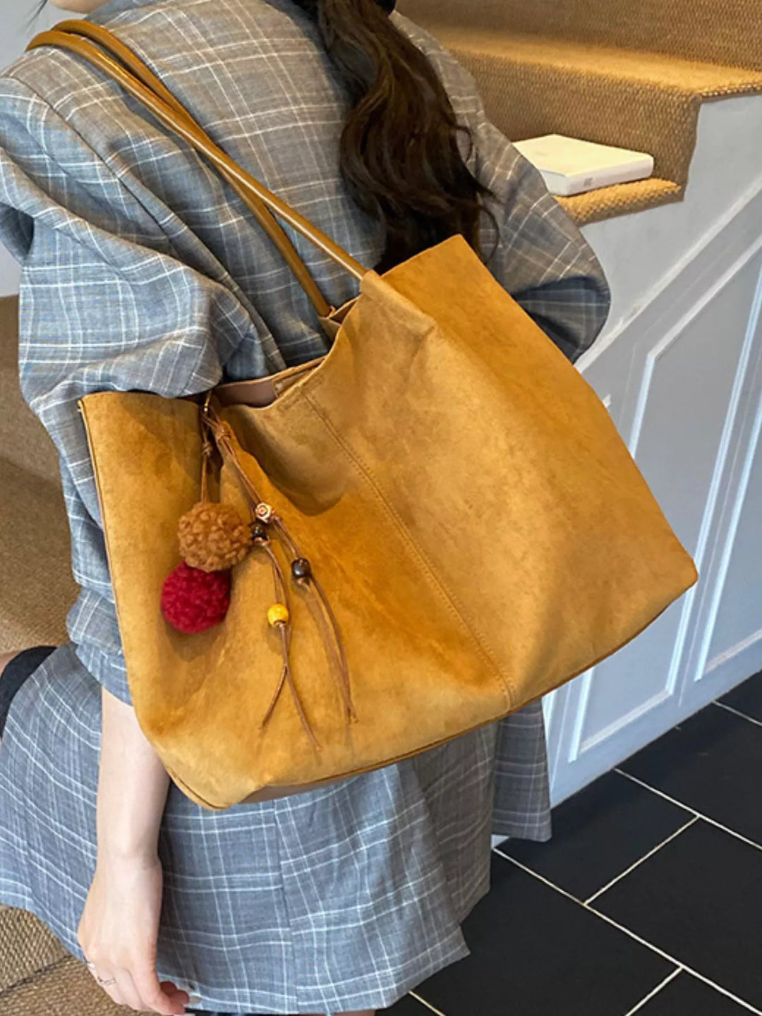 Large slouchy suede shoulder tote bag with pom charm