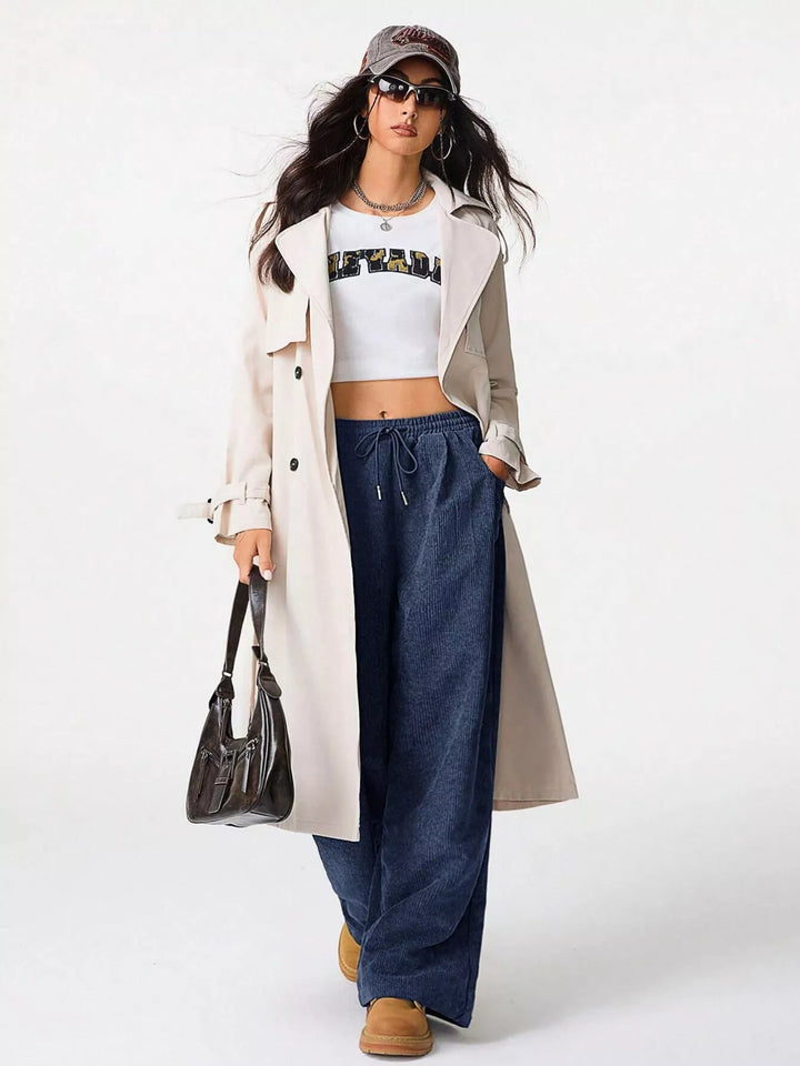 Wide-leg corduroy drawstring pants with pockets