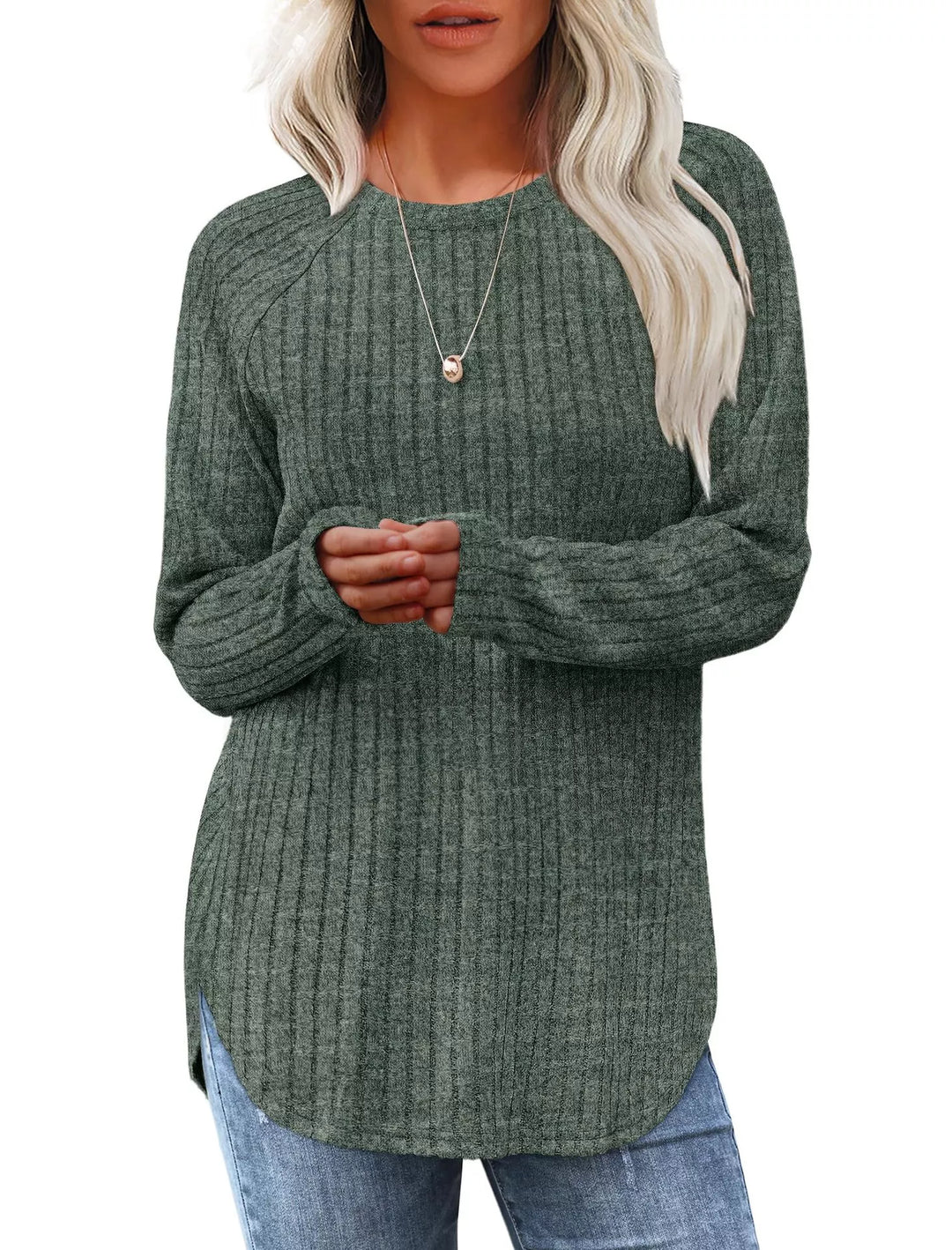 Moss Ribbed knit crew neck long sleeve top with curved hem
