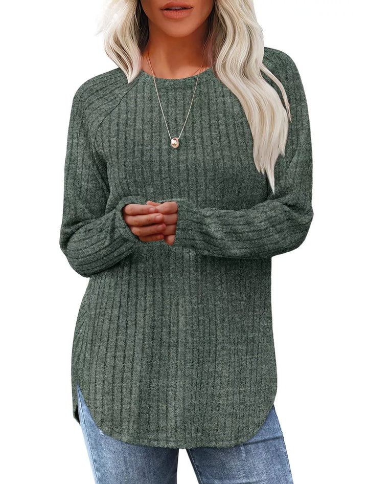 Moss Ribbed knit crew neck long sleeve top with curved hem