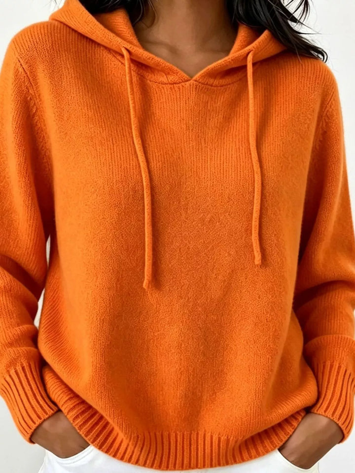 Orange Drawstring hooded knit pullover sweater with ribbed trim