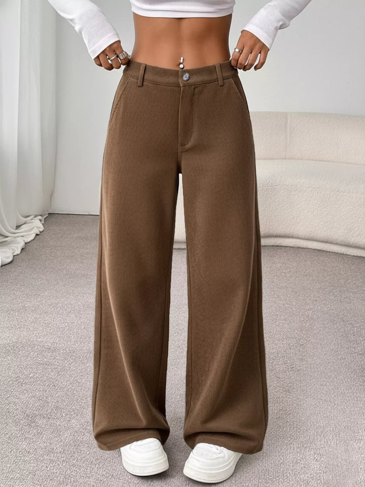 Brown Wide-leg high-rise pants with button waist and deep pockets