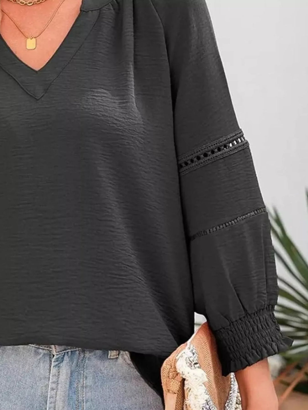 Openwork lace trim blouse with smocked cuffs and split neck