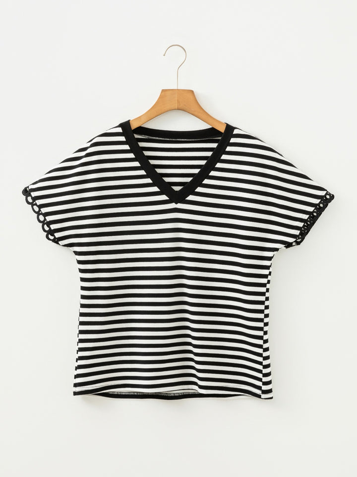 Striped v-neck tee with scalloped lace-trim sleeves