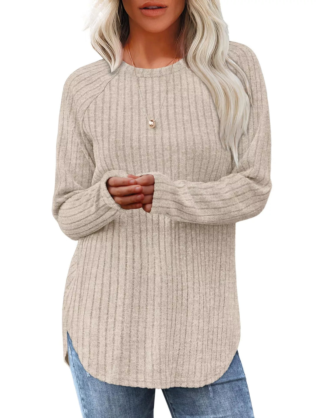 Apricot Ribbed knit crew neck long sleeve top with curved hem