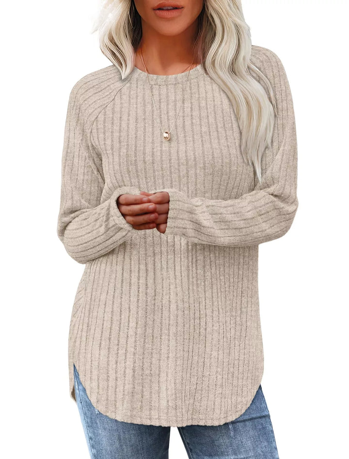 Apricot Ribbed knit crew neck long sleeve top with curved hem