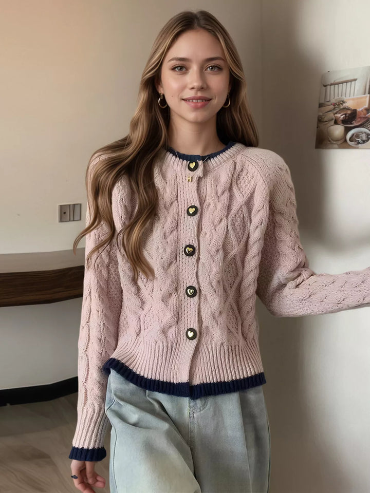 Cable knit button-up cardigan with contrast trim