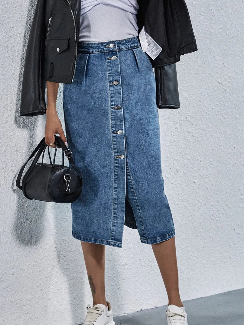 Pleated high-rise button-front denim midi skirt with pockets