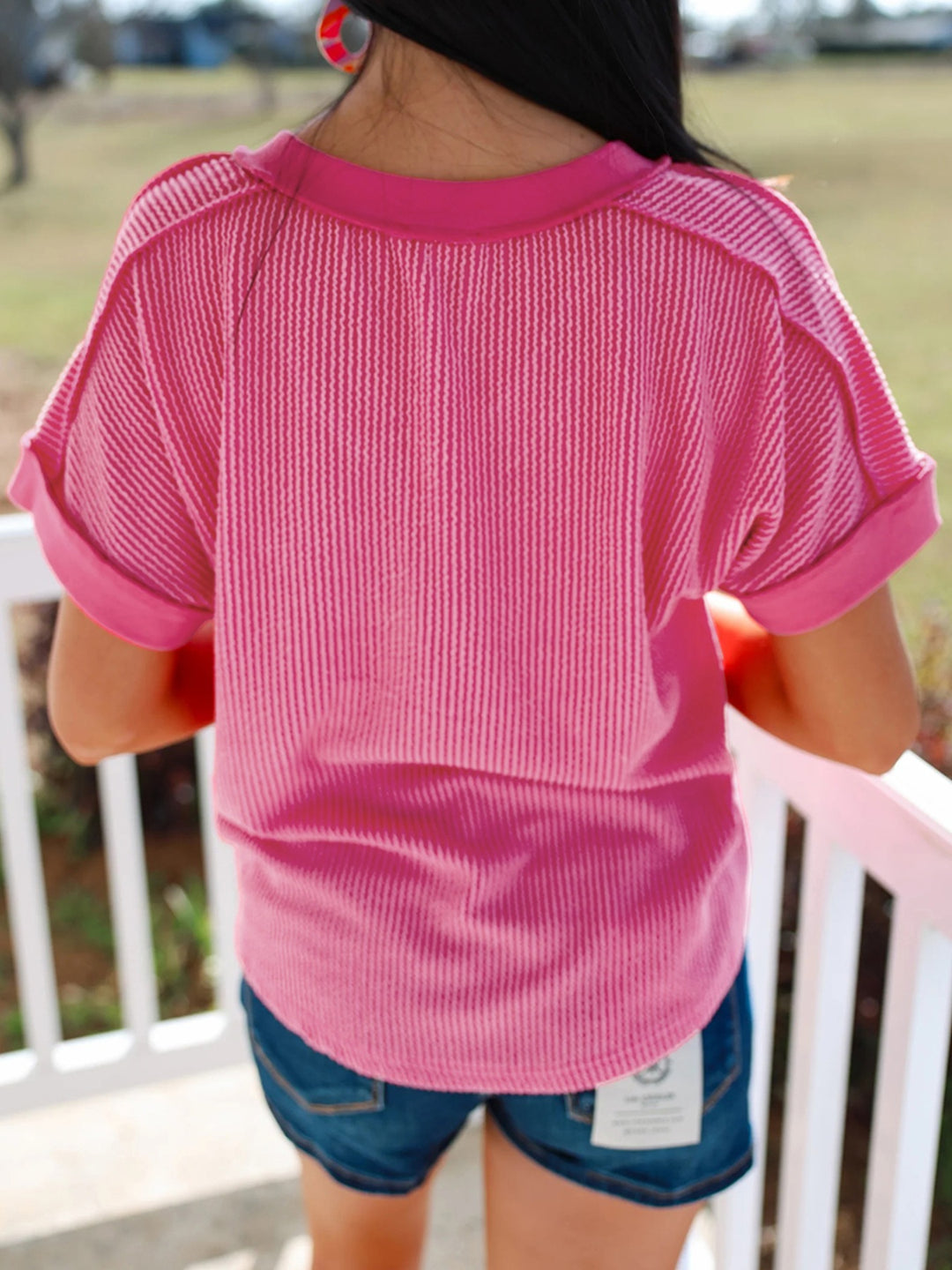 Sequin patriotic balloon dog ribbed v-neck tee