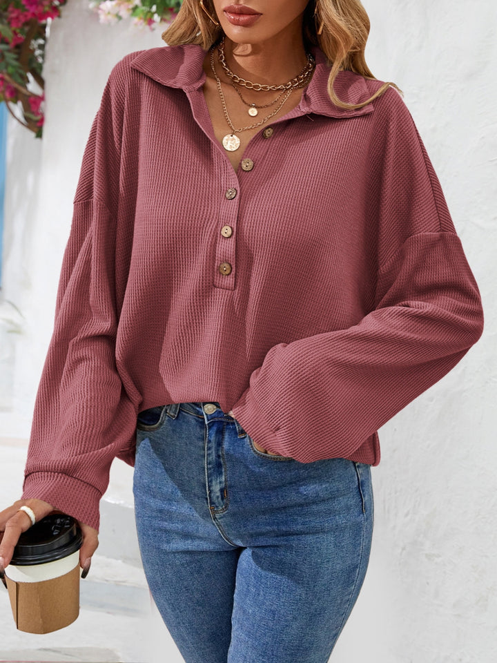 Cerise Waffle knit half-button collared long sleeve top
