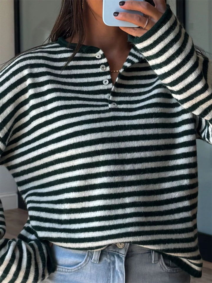 Striped dropped-shoulder collared sweater with button placket