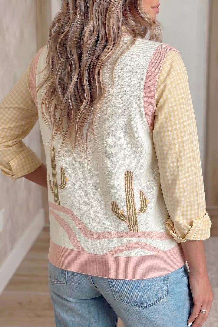 Cactus knit button-front sweater vest with contrast trim