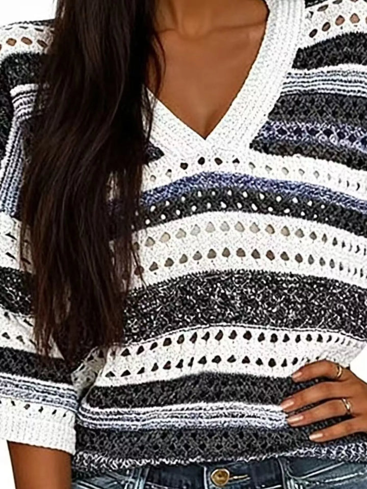 Striped openwork knit V-neck top with drop shoulders