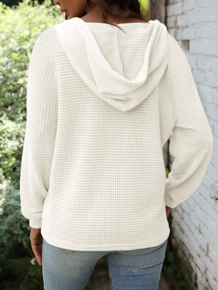 Button-detail waffle knit hoodie with drawstring hood