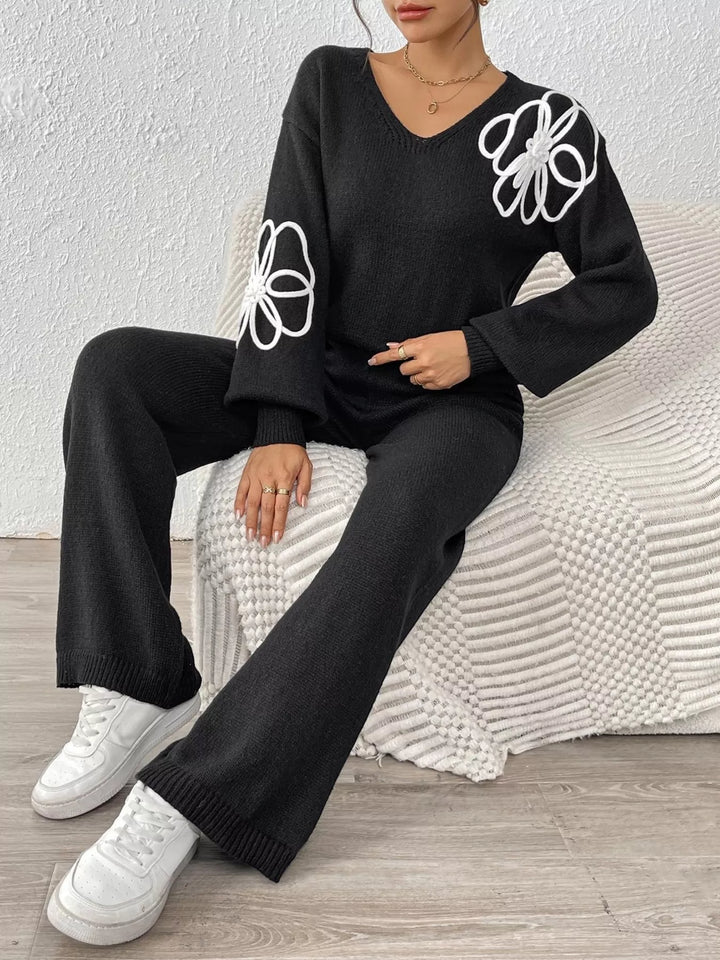 Floral embroidered V-neck sweater set with wide-leg pants