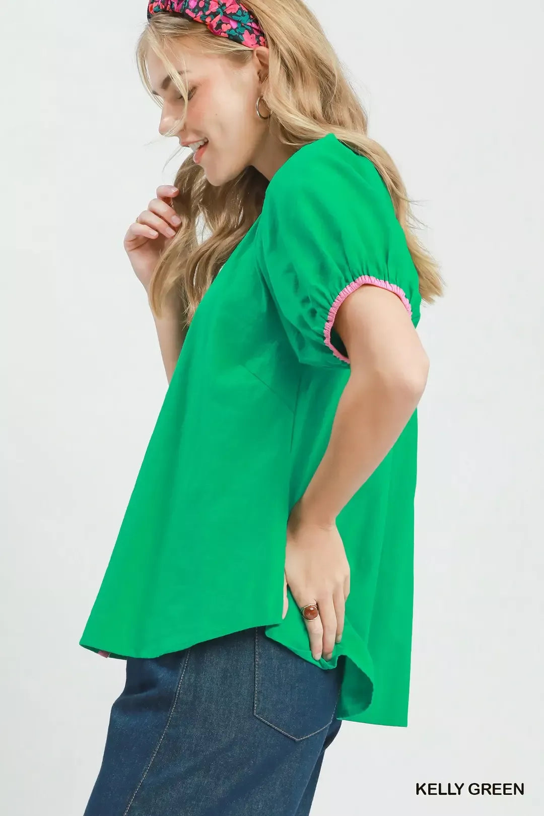 Contrast trim button-front puff sleeve cotton blouse