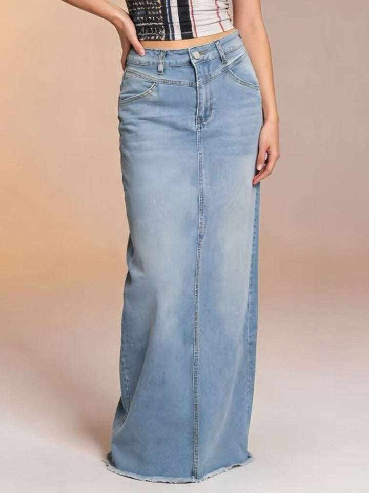 Light Blue Raw hem maxi denim skirt with button closure and front pockets