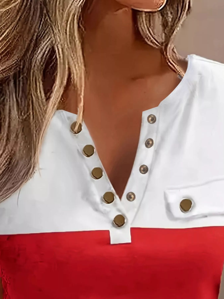 Color-block V-neck short sleeve tee with button placket