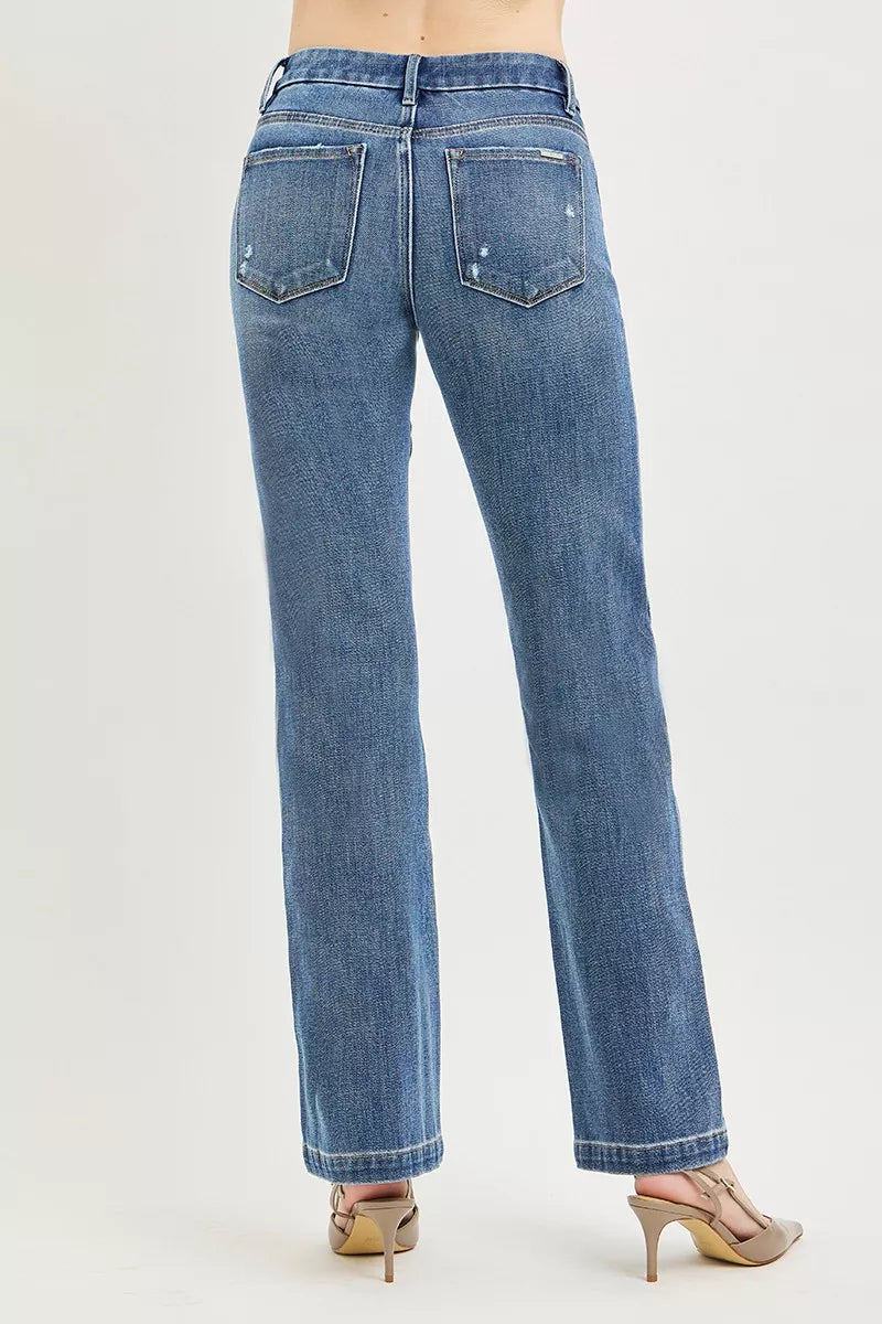 Tummy control mid-rise straight leg jeans with crease line