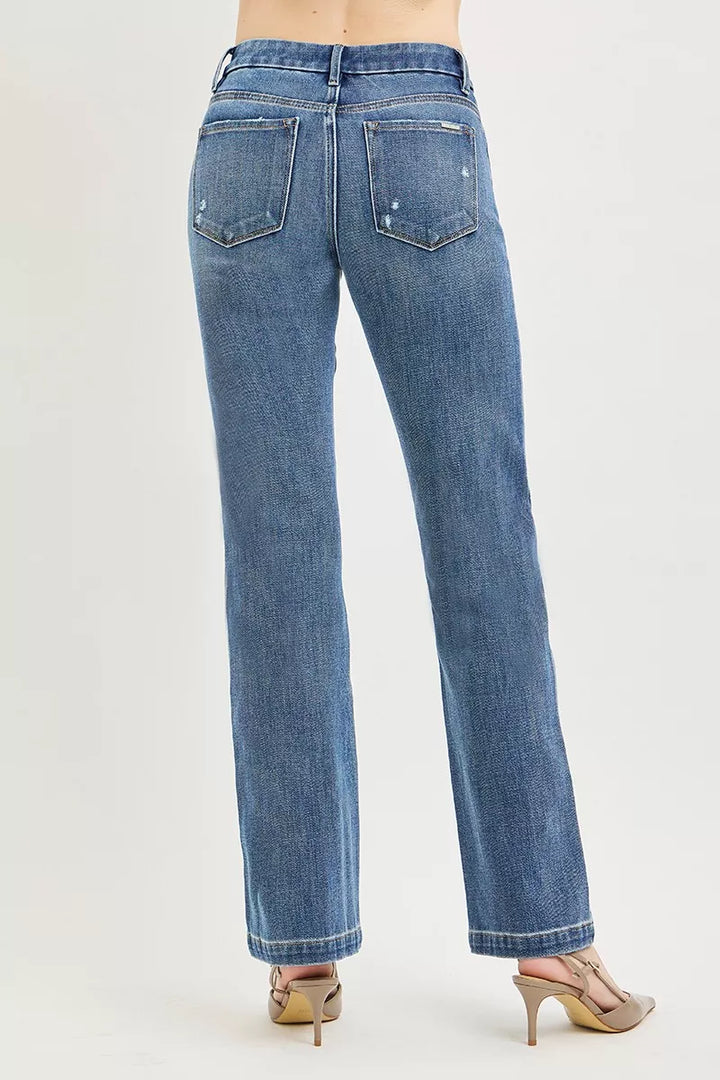 Tummy control mid-rise straight leg jeans with crease line