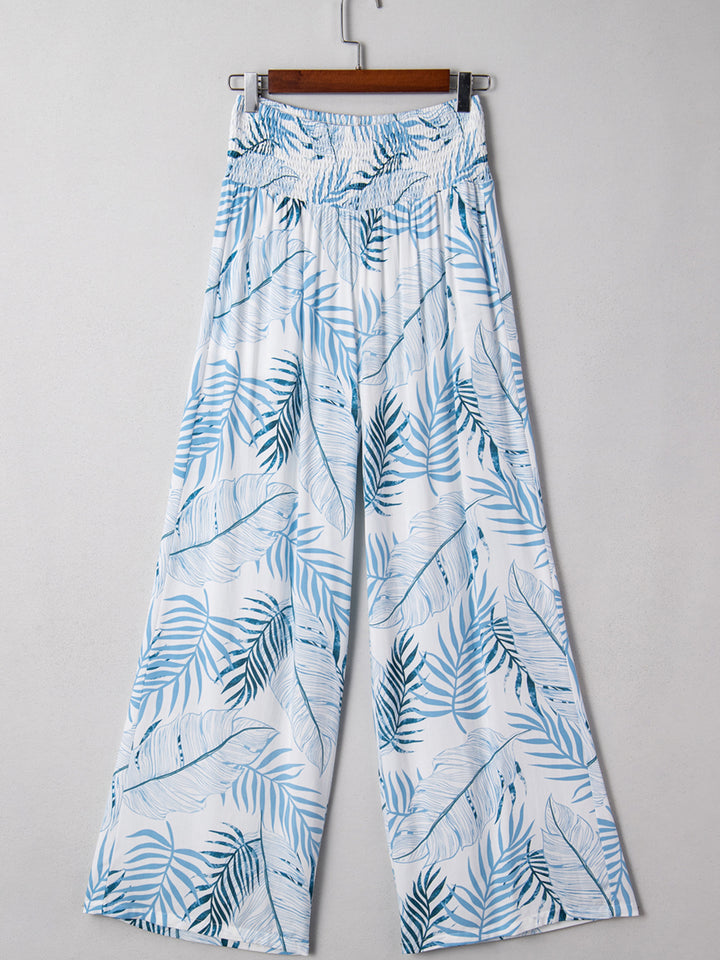 Tropical leaf print shirred-waist wide-leg pants