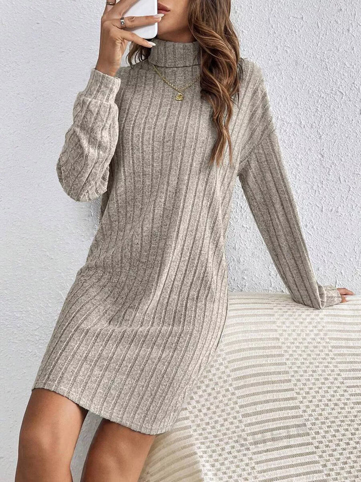 Ribbed knit turtleneck sweater mini dress with long sleeves