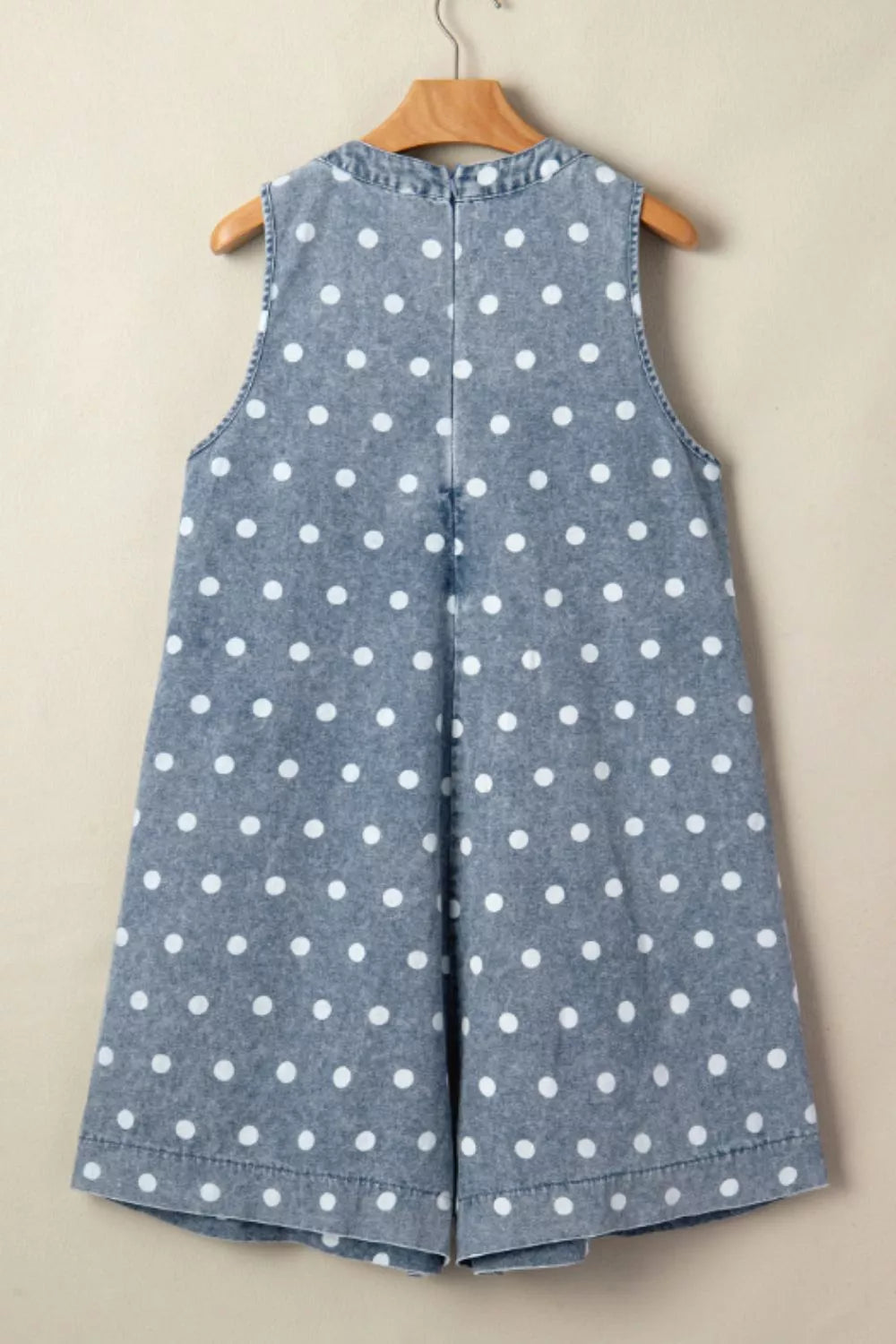 Pintucked polka dot denim romper with tie V-neck