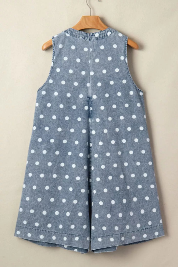 Pintucked polka dot denim romper with tie V-neck