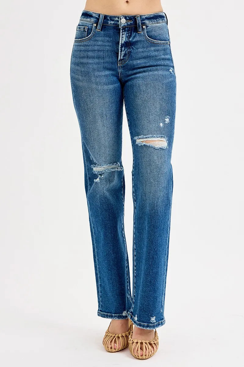 Distressed high-rise straight leg jeans with tummy control