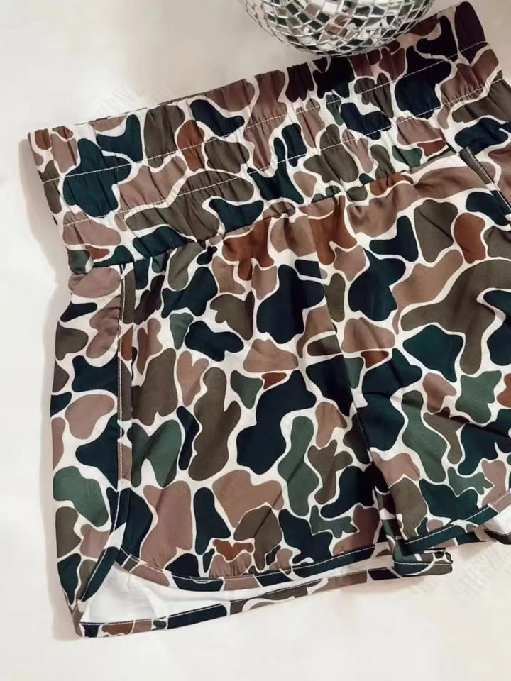 Green Camouflage Camo print flowy running shorts with elastic waist