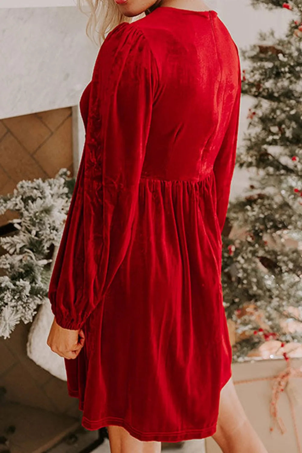 Rhinestone bow velvet mini dress with balloon sleeves