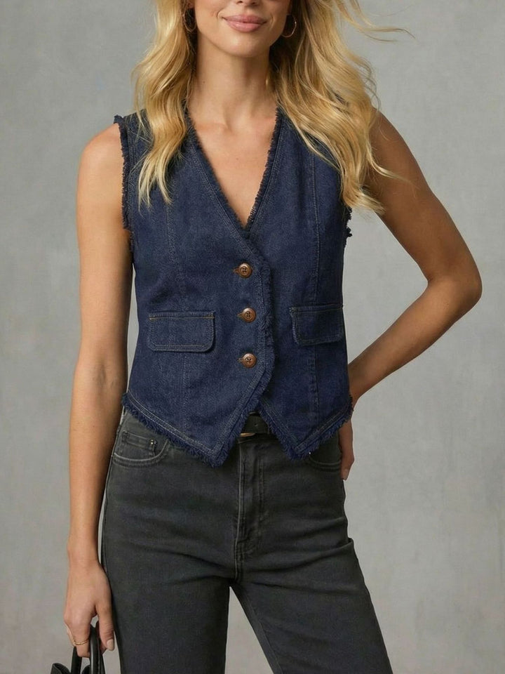 Dark Navy Frayed hem denim vest with V-neck button front