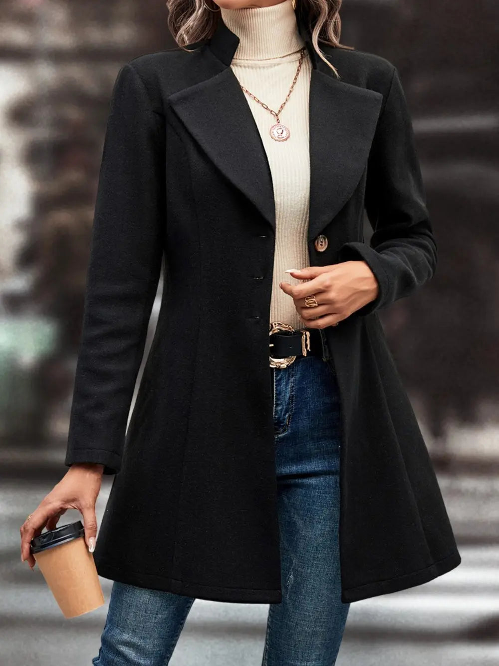 Button-front longline coat with notched lapel and flared hem