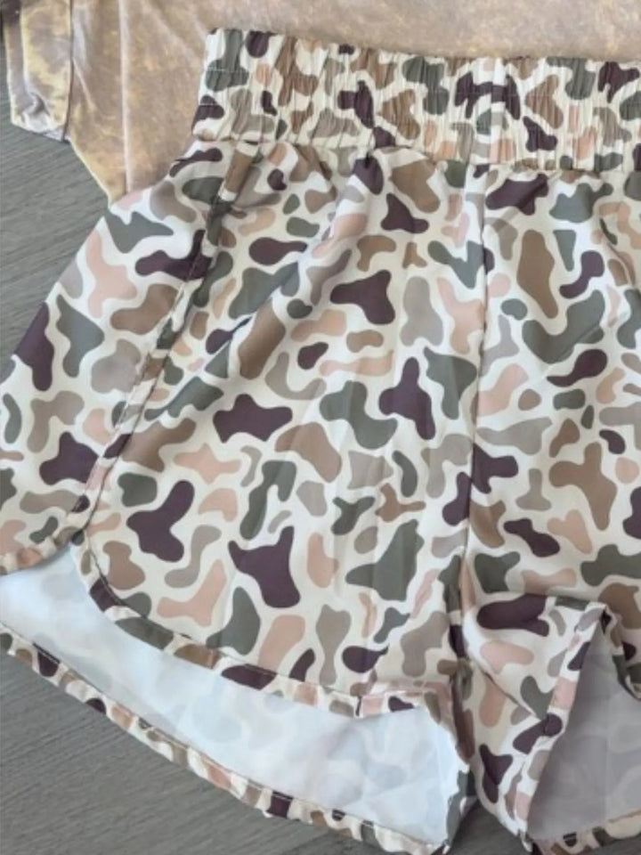 Beige Camo print flowy running shorts with elastic waist