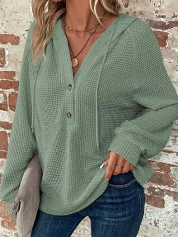 Blue Waffle knit button-front hoodie with drawstring hood