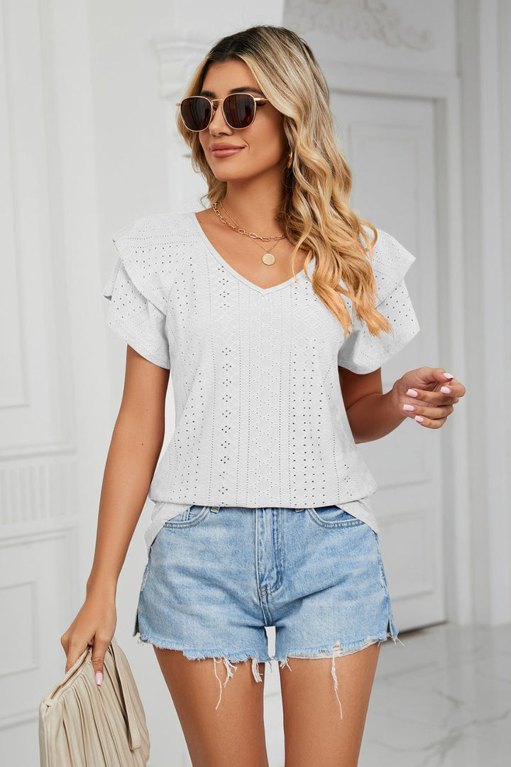White Eyelet knit V-neck top with layered flutter sleeves