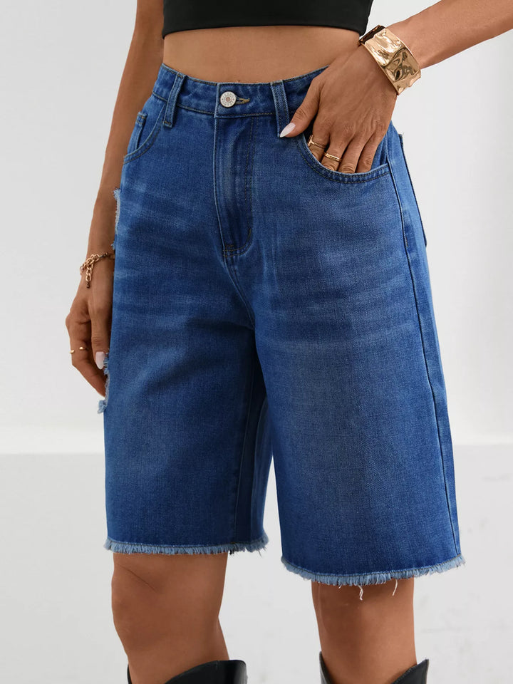 Distressed high-rise denim bermuda shorts with frayed hem