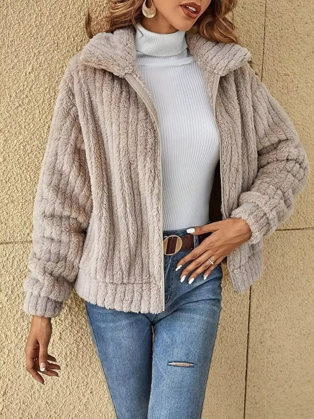 Textured fleece zip-up jacket with fold-over collar