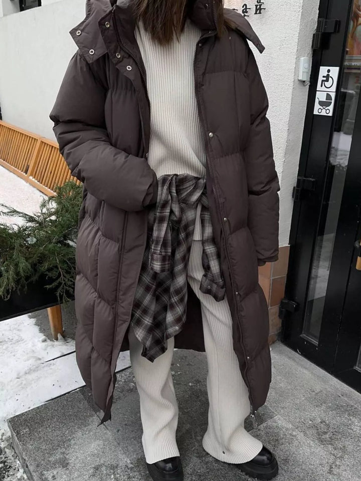 Dark Brown Longline padded puffer coat with stand collar
