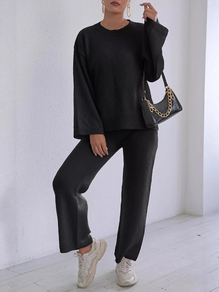 Drop shoulder knit sweater and wide leg pants set