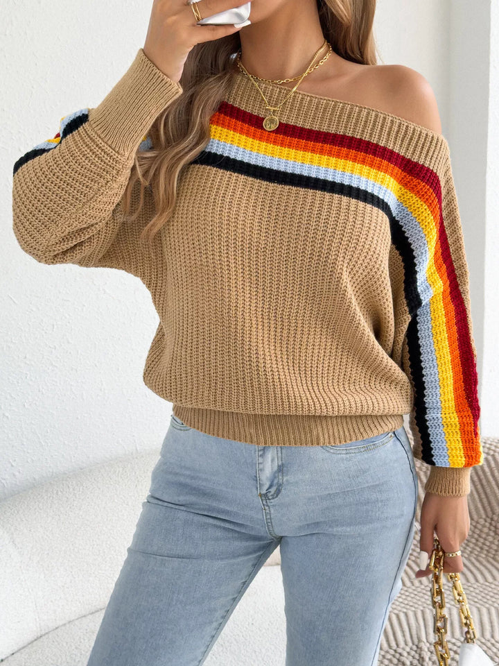 Rainbow stripe ribbed knit boat neck sweater