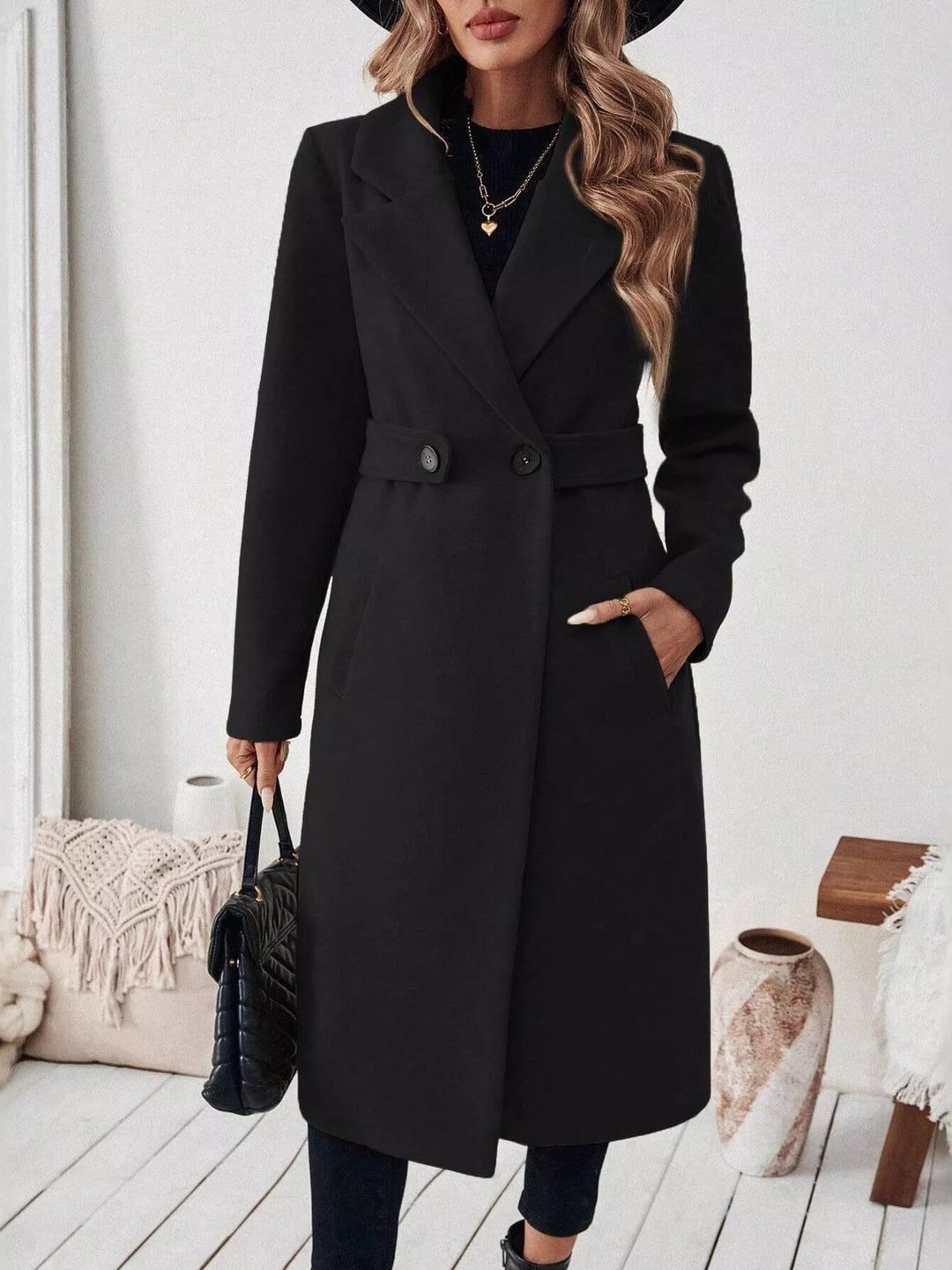 Notch lapel open-front longline coat with side pockets