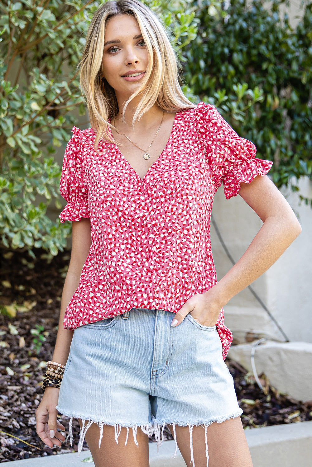 Ditsy print flounce-sleeve V-neck blouse