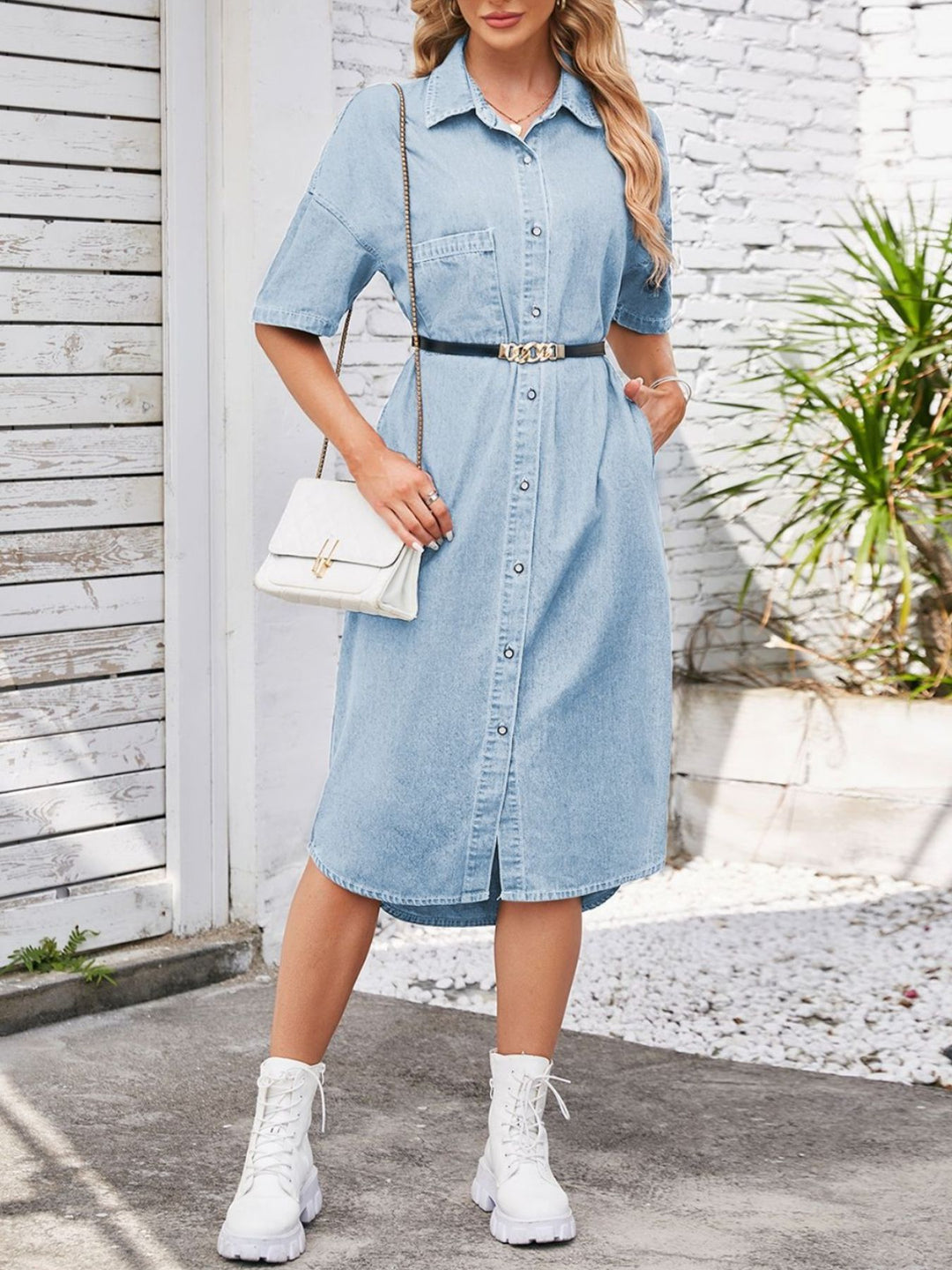 Button-down denim midi shirt dress with chest pocket