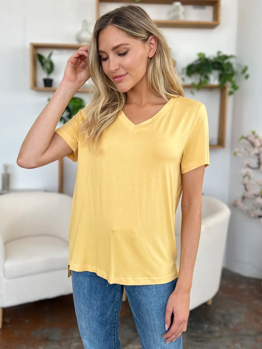 V-neck high-low bamboo tee with side slits